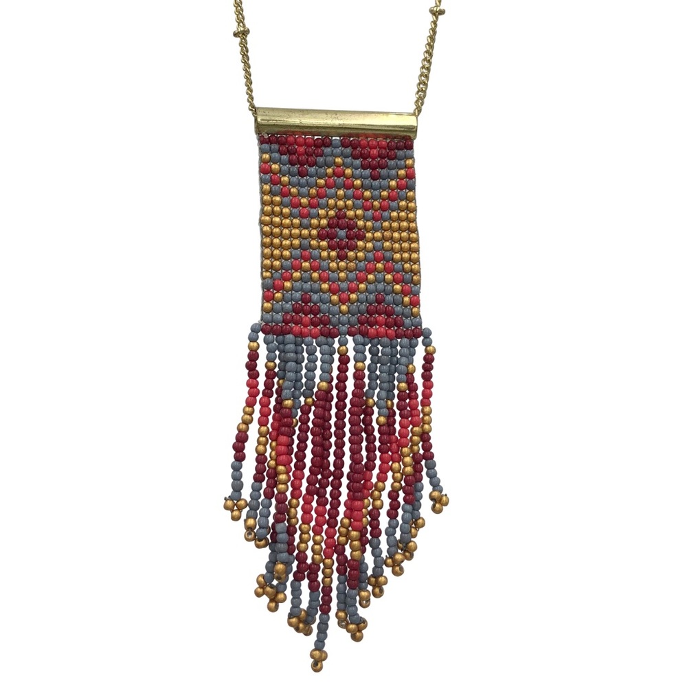 Southwestern Seed Bead Tassel Fringe Long Necklace